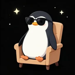 digital art of penguin sitting in a chair with sunglasses on at night! black blackground with some stars and a light coming from above, vector art by tom whalen, trending on polycount, neo - dada, chillwave, global illumination, synthwave