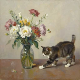 the cat drops a vase of flowers, oil on canvas,
