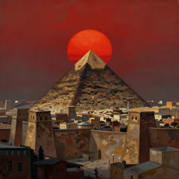 an oil painting of a city with one pyramid in the center and walls that surround the city and a dark red sun, fantasy,hyper realistic, atmospheric lighting, cinematic, 8k,