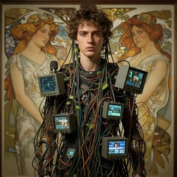 hyperrealist portrait of elijah zu bailey, it is decorated with long wires that fall like vines and wears small computers over their body. by jeremy mann and alphonse mucha, fantasy art, photo realistic, dynamic lighting, artstation, volumetric lighting, very detailed faces, award winning