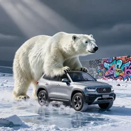 graffiti of a polar bear driving an suv on ice