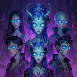 formal portrait of alien woman djinn with six glowing neon blue eyes, fantasy, digital art by eugene de blaas, ross tran, and nasreddine dinet, vibrant color scheme, intricately detailed, in the style of romanticism, cinematic, artstation, greg rutkowski