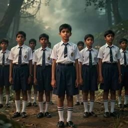 kerala school kids wearing gender neutral uniform, an epic fantasy, dramatic lighting, cinematic, establishing shot, extremely high detail, photorealistic, cinematic lighting, artstation, matte painting by simon stalenhag, horizon forbidden west