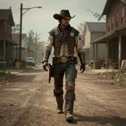 i took a walk down and all dusty road in the canteen at town in the midwest dressed like a steam punk cowboy dark and moody realistic 3 - d modelling volumetric lighting asymmetric design