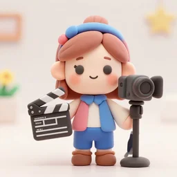 cute, female director, collectable toy, with clapperboard and video camera, made in colourful pastel clay by jon burgerman and pixar, artstation 4 k