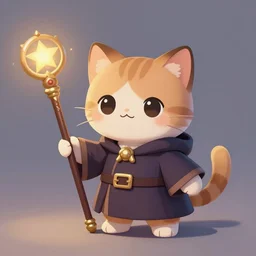cute little cat, wielding a magic staff, tiny, small, short, Wizard robe, cute and adorable, pretty, beautiful, Anime character art portrait, matte fantasy painting, DeviantArt Artstation, by Jason Felix by Steve Argyle by Tyler Jacobson by Peter Mohrbacher, cinema