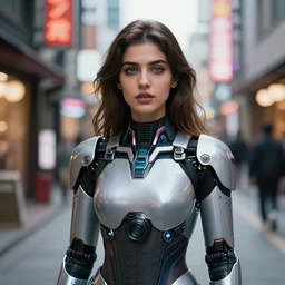 portrait photograph of an extremely beautiful!!!! young pakistani female, Distant look on her face, natural light, wearing a futuristic cyborg suit! Brown hair. Blue eyes. Standing on a Japanese neon lit street. looking at the camera!!. super resolution. Extremely detailed. Graflex camera!, bokeh!!!!! trending on artstation.