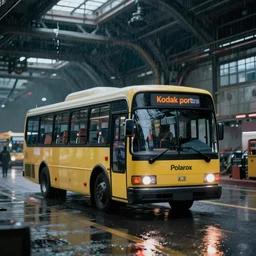 1990s perfect 8K HD professional cinematic photo of a bus in dystopian hangar, at evening during rain, at instagram, Behance, Adobe Lightroom, with instagram filters, depth of field, taken with polaroid kodak portra