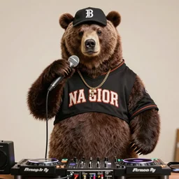 an instagram photo of a grizzly bear dressed in hip hop street clothes in front of a dj table holding a microphone