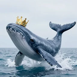 photorealistic whale wearing a crown