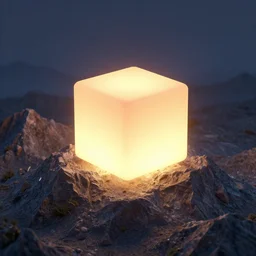 a glowing cube in the middle of a mountain, a 3 d render by filip hodas, cgsociety, tesseract, octane render, rendered in cinema 4 d