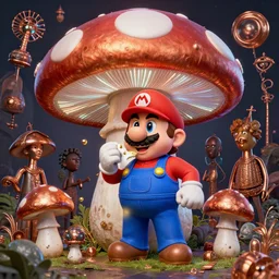 danny devito as super mario eating a giant mushroom, by fiona staples and dustin nguyen, peter elson, alan bean, wangechi mutu, metallic colors, oxidized copper, led light, highly detailed and intricate, psychedelic, sharp focus,