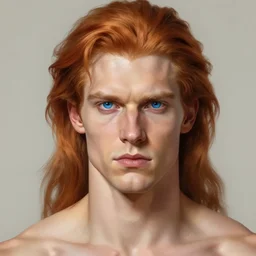 2 4 - year - old man, masculine face, hyper masculine features, very tall and muscular, extremely pale skin, square jaw, ginger hair, sapphire blue eyes, hyper realistic face, beautiful eyes, highly detailed, digital painting, smooth, sharp, strong face, expressive eyes, medium long wavy ginger hair, art by greg rutkowski and alex gray