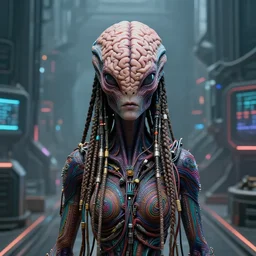 hyper realistic portrait of an intricately detailed alien brainsucker with lots of thick long braids and electrical cables standing in the middle of a broad cyberpunk background with 2 0 % wide margins all round, perfect face, fine details, colorful patterns, studio lighting, subtle shadows, art by tim okamura and karol bak, canon eos r 3, f / 1. 4, iso 2 0 0, 1 / 1 6 0 s, medium shot, 8 k, raw, unedited, in - frame