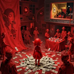 only with red, red goblin girl, floor with money, an auction in the square, a red canvas, in the style of beksinski, parts by edward hopper, parts by rodcenko, parts by yue minjun, intricate and epic composition, red by caravaggio, insanely quality, highly detailed, masterpiece, red light, artstation, 4 k