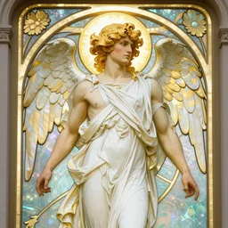 full figure art nouveau window depicting a beautiful young fit male angel with curly blond hairs, dressed with fluent clothes, majestic wings, luminous halo, by alfons mucha, d & d character, gradient white to gold, in front of an iridescent background, highly detailed portrait, digital painting, artstation, concept art, smooth, sharp focus, illustration, artstation hq