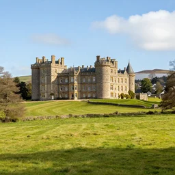 ultra wide angle photograph of hygge castle with elegant fancy architecture in idyllic rolling scottish fields, sunny