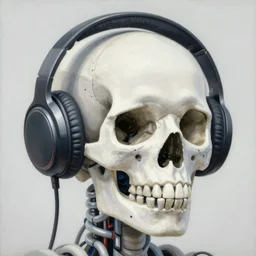 a painting by Thomas Cole of a vaporwave robot skull wearing headphones connected with many wires and coords to an old computer terminal, highly detailed chromatic 3d rendering from 1996