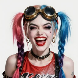 double long braids blue, harley quinn, no makeup, tane skin, insane crazy laugh, brown steampunk big solid metall welding goggles, portrait shinkai makoto artgerm rossdraws james jean marc simonetti highly detailed intricate matte sharp focus digital painting artstation pixiv