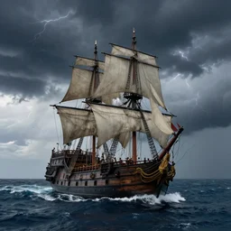 pirate ship in the middle of the ocean, thunderstorms