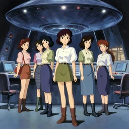 a film still of a 1 9 3 0's anime girls in the control room inside ufo, chillhop aesthetics, full body mid shot, perfect art, trending on pixiv fanbox, painted by gaston bussiere, makoto shinkai, akihiko yoshida, craig mullins, studio ghibli