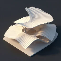 unfinished fuzzy sculptural pleated curved roof planes lift and descend creating shade and architectural expression, 3 d top view axonometric, dramatic surrealist form, morning light, lightweight structures, isometric