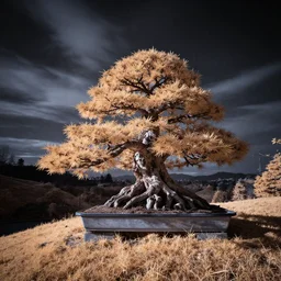 award winning infrared photography by andy lee, strange shaped bonsai tree on a hill, dramatic lighting, wide angle lens, long exposure photography