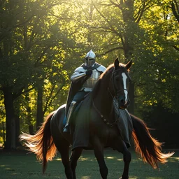 a knight on a horse, with dappled light coming through the trees