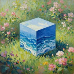 photorealism oil painting, cube of the ocean in the middle of a blooming garden, soft light, in style of classicism mixed with 8 0 s japanese sci - fi books art
