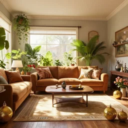 a beautiful rendering of an interior scene, english retro living room with sunlight coming in from the window, plants and roses as accents, gold glittering ornaments, trending on behance, by raphael lacoste and craig mullins, rule of thirds, 8 k resolution, unreal engine, rendered in maya, detailed, wide - angle lens, two - point perspective, light effect, overall color balance