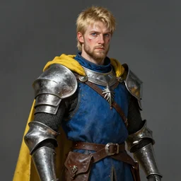 a rugged young knight with blonde hair and blue eyes and a short beard and a scar under his left eye wearing a blue shirt steel pauldrons and a yellow cape and leather boots by Greg_Rutkowski, realistic, detailed, masterpiece, ArtStation