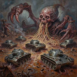 oil painting nightmare macerated future mollusk run army tanks metal noodle terrorizing army clawed chaos landscape fecund afraid of demon barbed footprints treads hooped around destroyed rust landscape in primoridal slimes dropping into in terrifying necrotized skins, cinematic, fine art, ornate masterpiece, by alex nino
