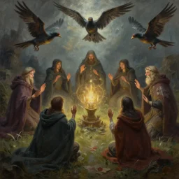 masterfully painted fantastic realist painting of the enchanted summoning rituals of magical moody birds wearing cloaks, digital painting trending on artstation, fantasy art, octane render