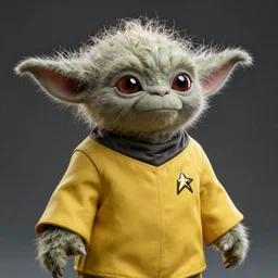 stunning award winning hyperrealistic hdr 8 k highly detailed photo of yoda wearing captain kirk ’ s yellow star trek uniform