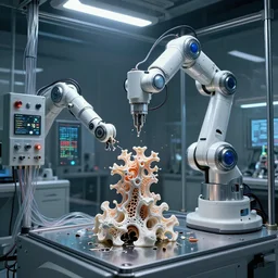 a complex thick bifurcated robotic cnc surgical arm cybernetic symbiosis hybrid mri 3 d printer machine making some organic ceramic fractal forms in a glass living room laboratory room with control panels, glass data cables, broken open hive mind, knobs, camera lens orbs, dramatic 3 point lighting, cyborg, cyberpunk, sci - fi fantasy, intricate, elegant, highly detailed, digital painting,,