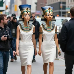 a candid photograph taken of queen nefertiti and tutankhamun walking down a new york street yesterday by paparazzi, dslr