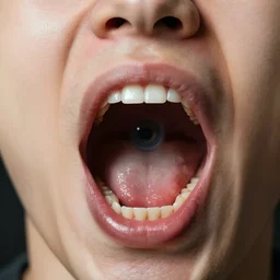 headshot of person mouth open with an eye inside mouth, hyperrealistic, insane detail, real life, realisitc, ray tracing, 1 6 k hd