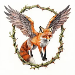 An absurdly-detailed Winged-Fox suspended in thorny vines, colored-pen drawing. a vibrant fantasy painting in neon geometric inks, by Ron Spencer and Carl Critchlow and Thomas Cole