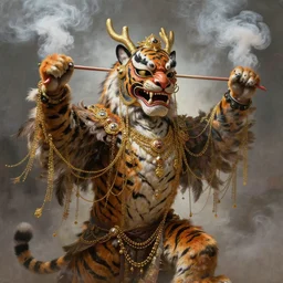 masterful fantastic realist painting an exotic ancient feathered and bejeweled bird wearing an exquisitely painted bugaku mask of a tiger, gold chains strung like tinsel, digital painting trending on artstation, viciously blinded, chinese dragon kite, swinging holy censors with thick smoke, volumetric lighting and mist, tiger cosplay, 3 / 4 portrait painting, hyperrealistic, octane render