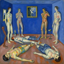 different parts of human bodies lie in different places of the blue room, in style of mihail larionov, avant - garde.