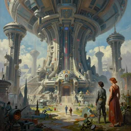 a beautiful painting of an elaborate utopian sci - fi scene painted by hr giger and bosch and lisa frank, detailed, unreal engine, 4 k octane render, raytracing, volumetric lighting, epic, shadows, reflections, massive structures