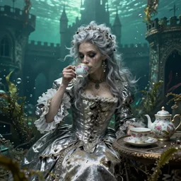 A messy, silver haired, (((mad))) princess from the 18th century, dressed in a ((ragged)), dirty, ((18th century silver wedding dress)), is ((drinking a cup of tea)),  in her right side is a porcelain tea set. Everything is in underwater (precious, scarry castle). mystical, atmospheric, greenish blue tones, water, seaweed and bubles, dreamlike, atmospheric, (((underwater lights))), underwater, fantasy concept art by Jakub Rozalski, John Everett Millais, Simon Bisley, Tapiró Baró and Monet
