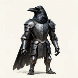 still of a raven in an armored body. art by gerald brom