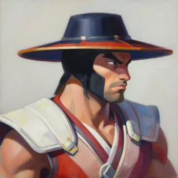 greg manchess portrait painting of raiden from mortal kombat wearing a jingasa hat as overwatch character, medium shot, asymmetrical, profile picture, organic painting, sunny day, matte painting, bold shapes, hard edges, street art, trending on artstation, by huang guangjian and gil elvgren and sachin teng
