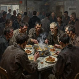 dark oil realistic painting a crowd of whithered men gathering around a communist cafeteria food