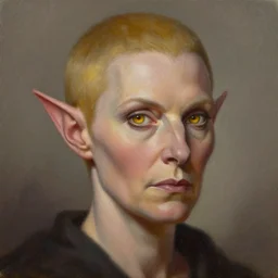a detailed matte head - on portrait painting of an middle - aged tiefling noblewoman with golden eyes and short well kept hair, by charlie bowater, lise deharme, wlop, tending on arstation, dungeons and dragon, dnd, pathfinder, fanart, oil on canvas