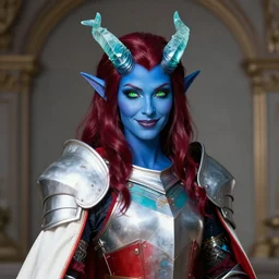 masterful rococo style portrait, female tiefling of deep blue skin, straight aquamarine translucent crystal horns, shiny dark blood red hair, shifty lime green eyes and a playful smile wearing teal lined crimson plate armor and a white cape with red lining, highly detailed masterpiece, artstation trending, 8 k