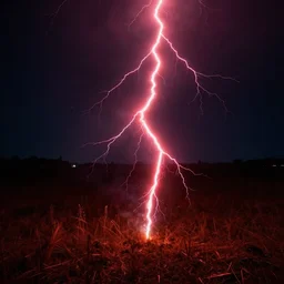 red lightning bolts shoot from the ground, night, field, fire is visible on the horizon