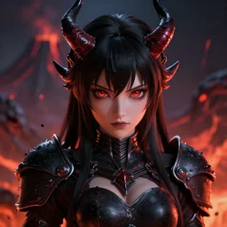 portrait focus of a very hot!!! demon 3D anime girl, Obsidian armor wearing, dark volcano background, ash falling, {perfect eyes} {perfect face}, bokeh, inspired by Masami Kurumada, digital painting, high contrast, unreal engine render, volumetric lighting, high détail