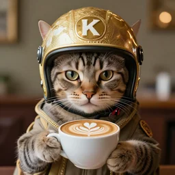 a cat wearing a helmet, latte art, 8 k, hd, full - hd, ultra - hd, super - resolution, global illumination, insanely detailed and intricate, hypermaximalist, elegant, ornate, hyper realistic, super detailed